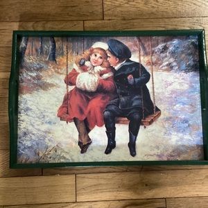 Vintage serving tray, 16 1/2 inches wide and 11 1/2 inches long greens border